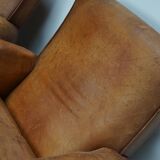 Paire de fauteuils club vintage en cuir cognac français, lot de 2