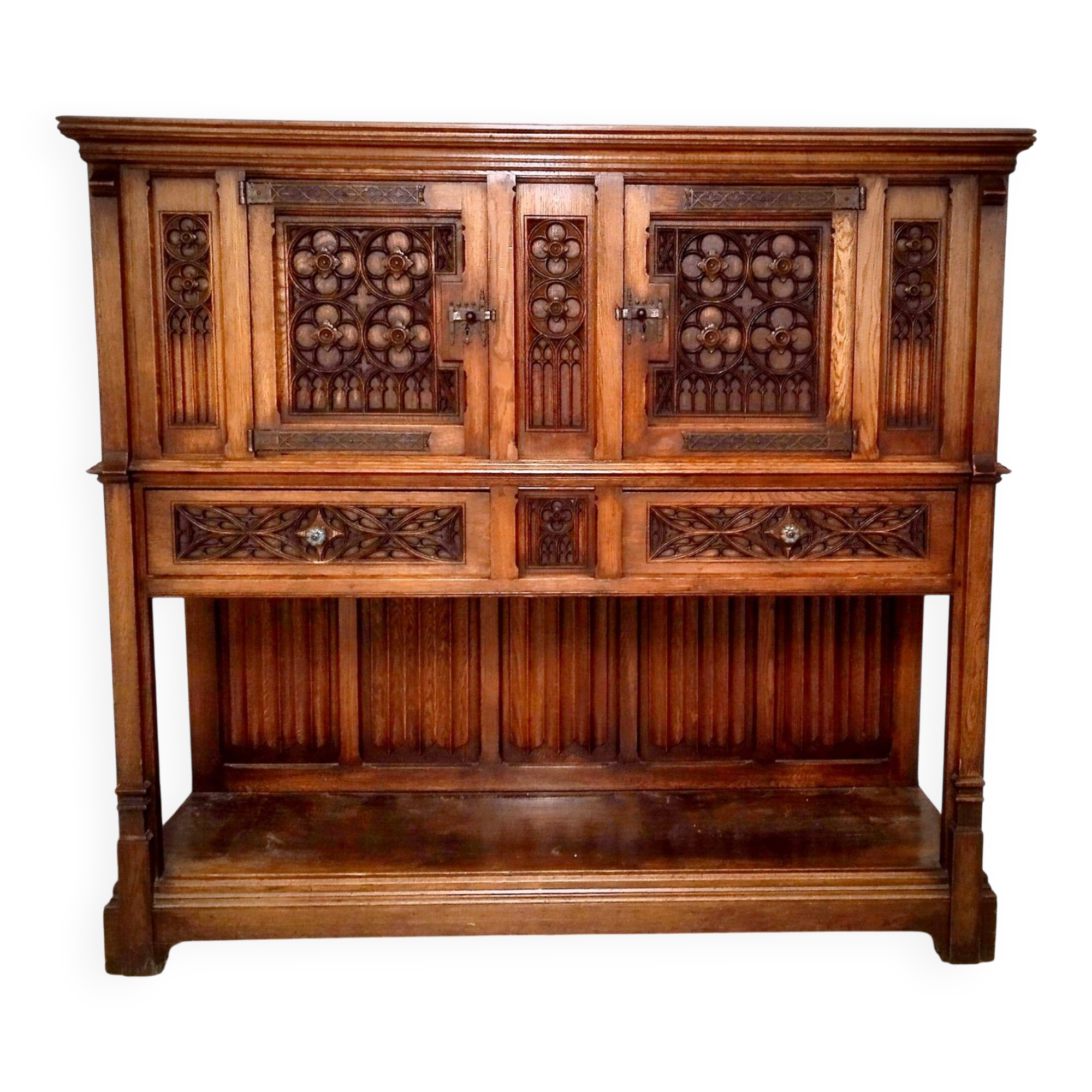 Gothic sideboard in oak and walnut – French school, 19th century