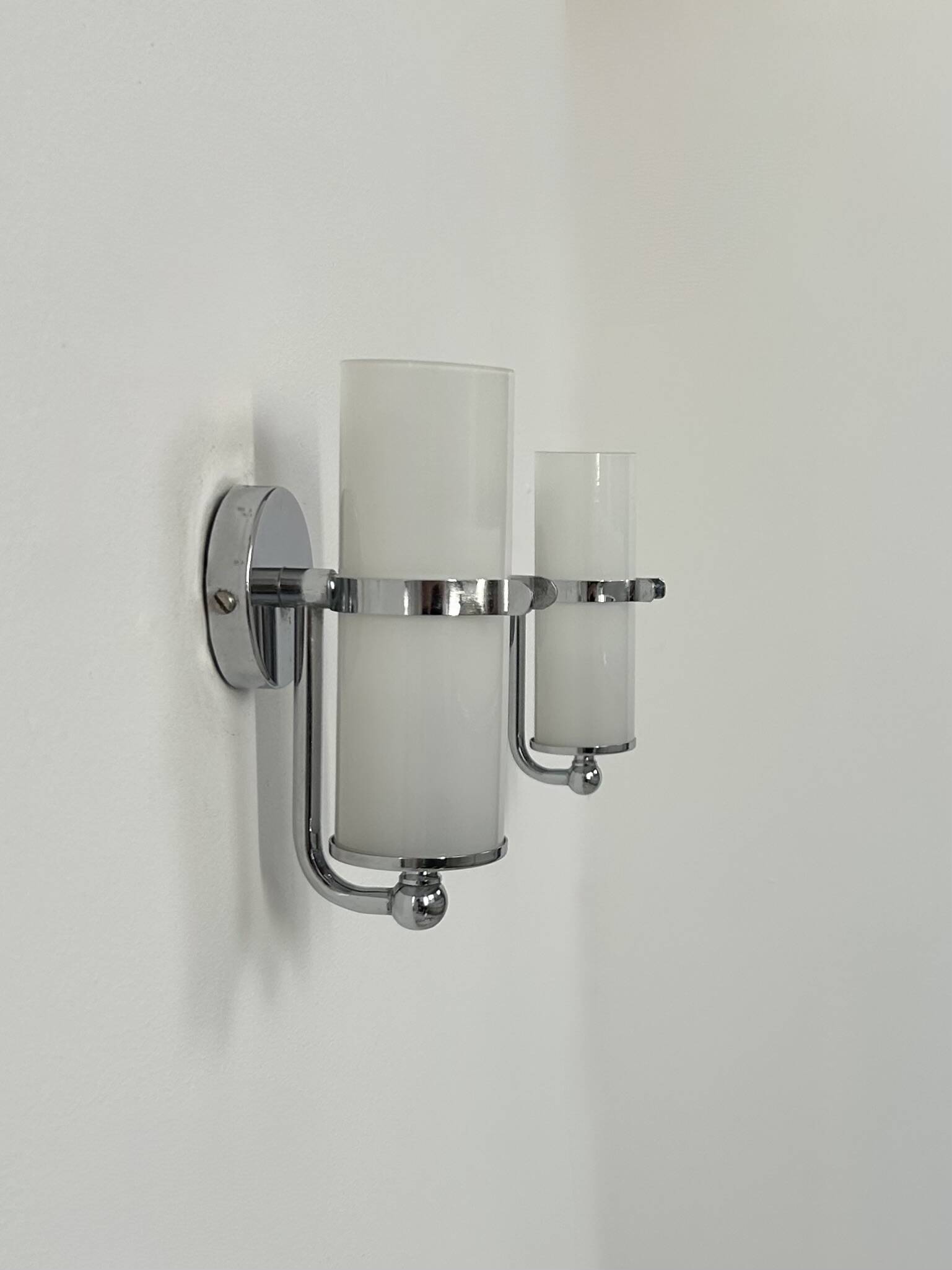 Pair of vintage wall lights, chrome and opaline, France, 1970.