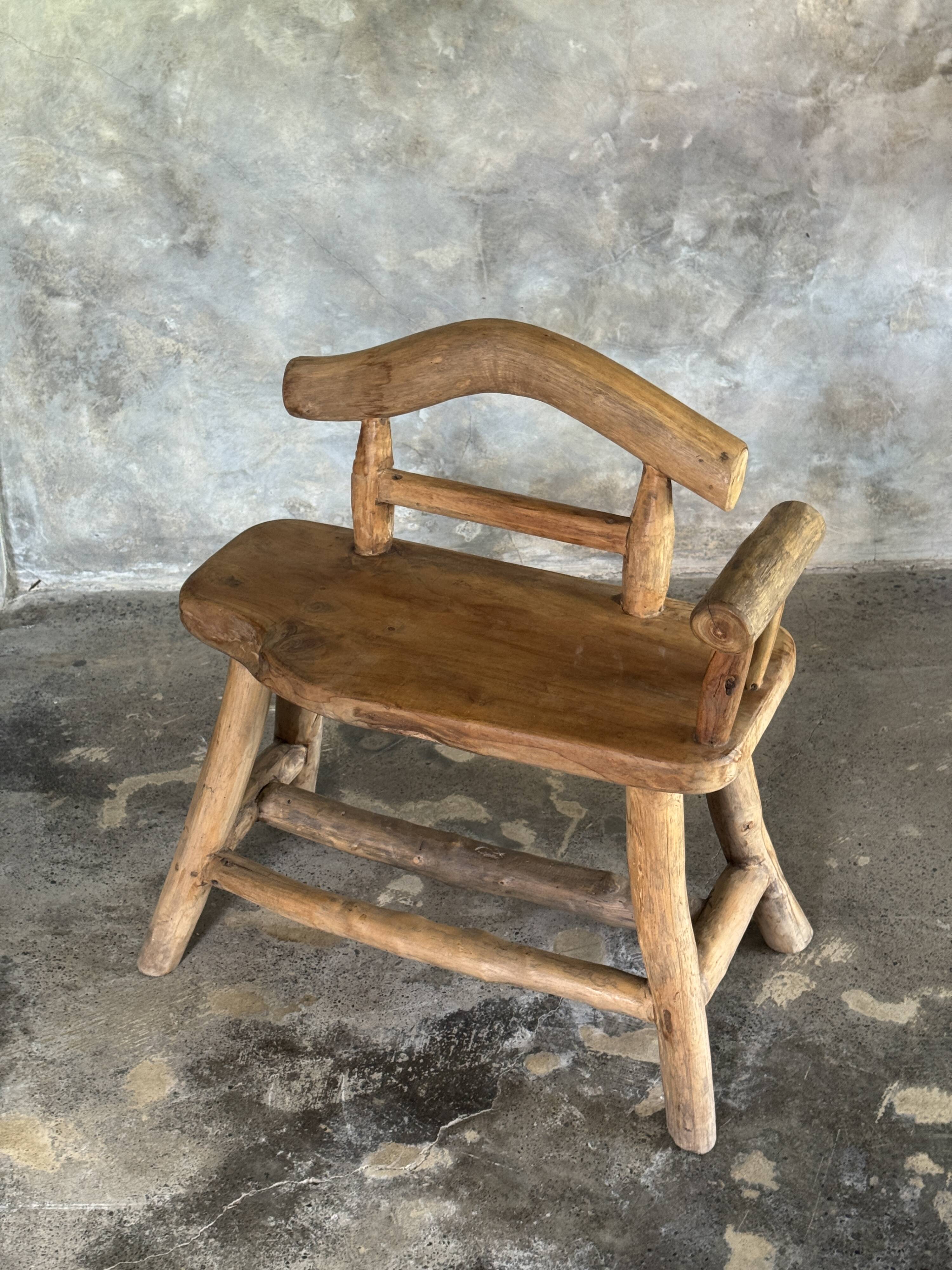 Small brutalist bench with backrest and armrests in Asian blonde teak H67 L6