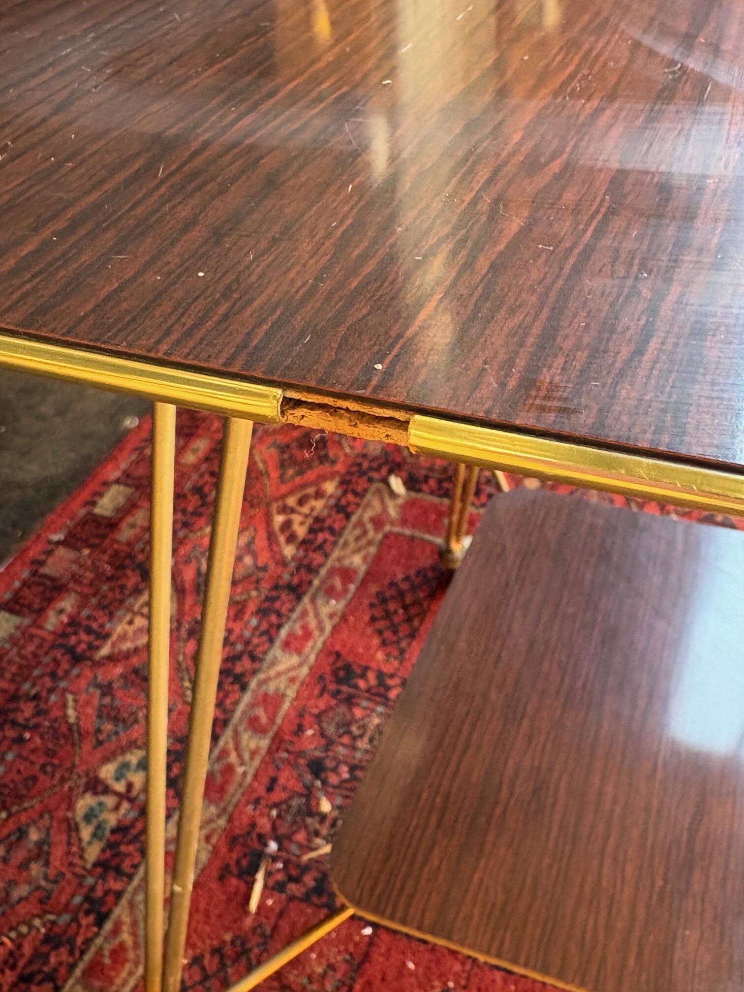 Vintage 1960s rolling dessert trolley in gold metal and formica.