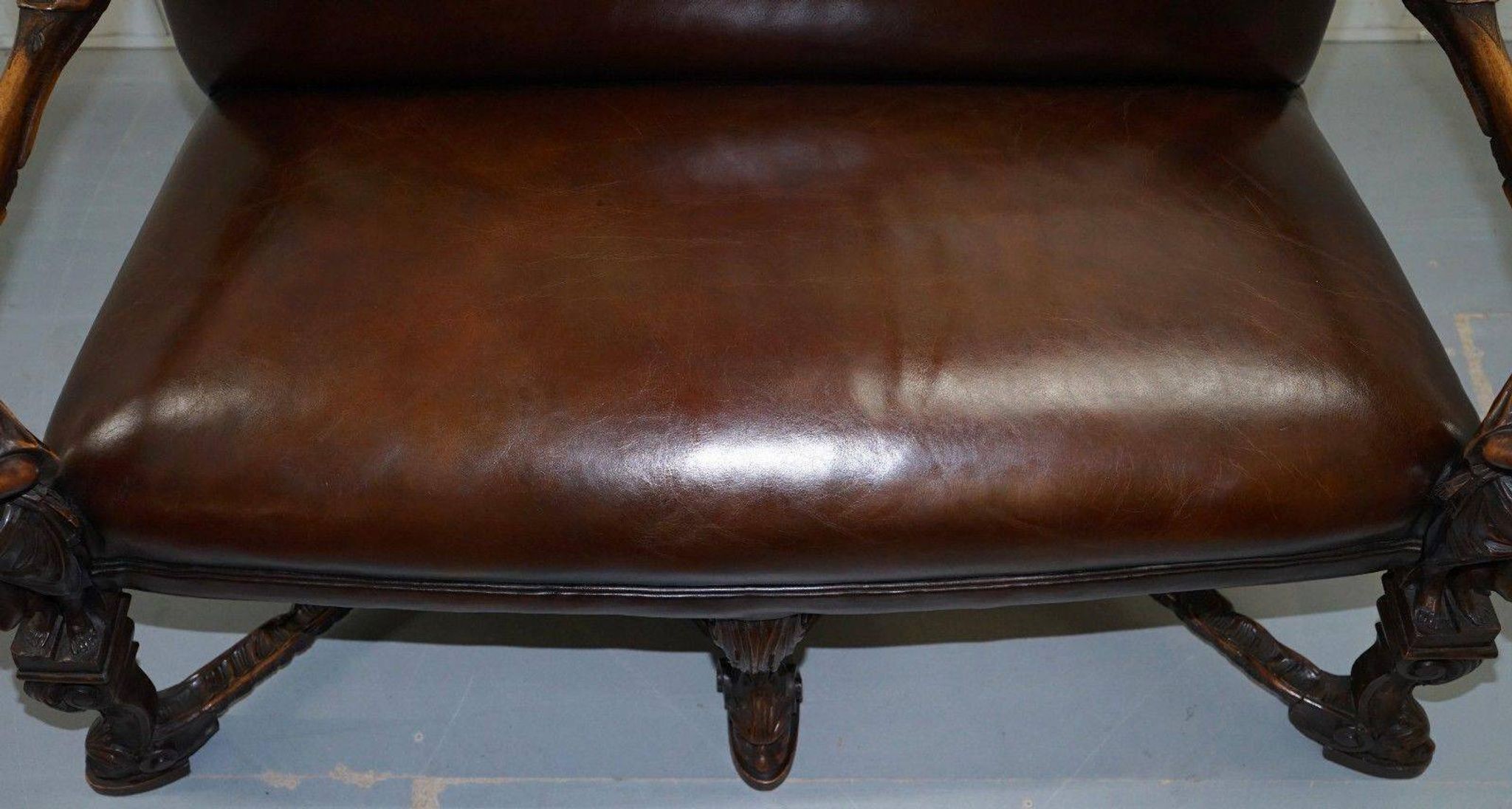 Carved Walnut Baroque Venetian Bench with Leather