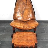 Brutalist oak lounge chair and ottoman, 1970s, set of 2