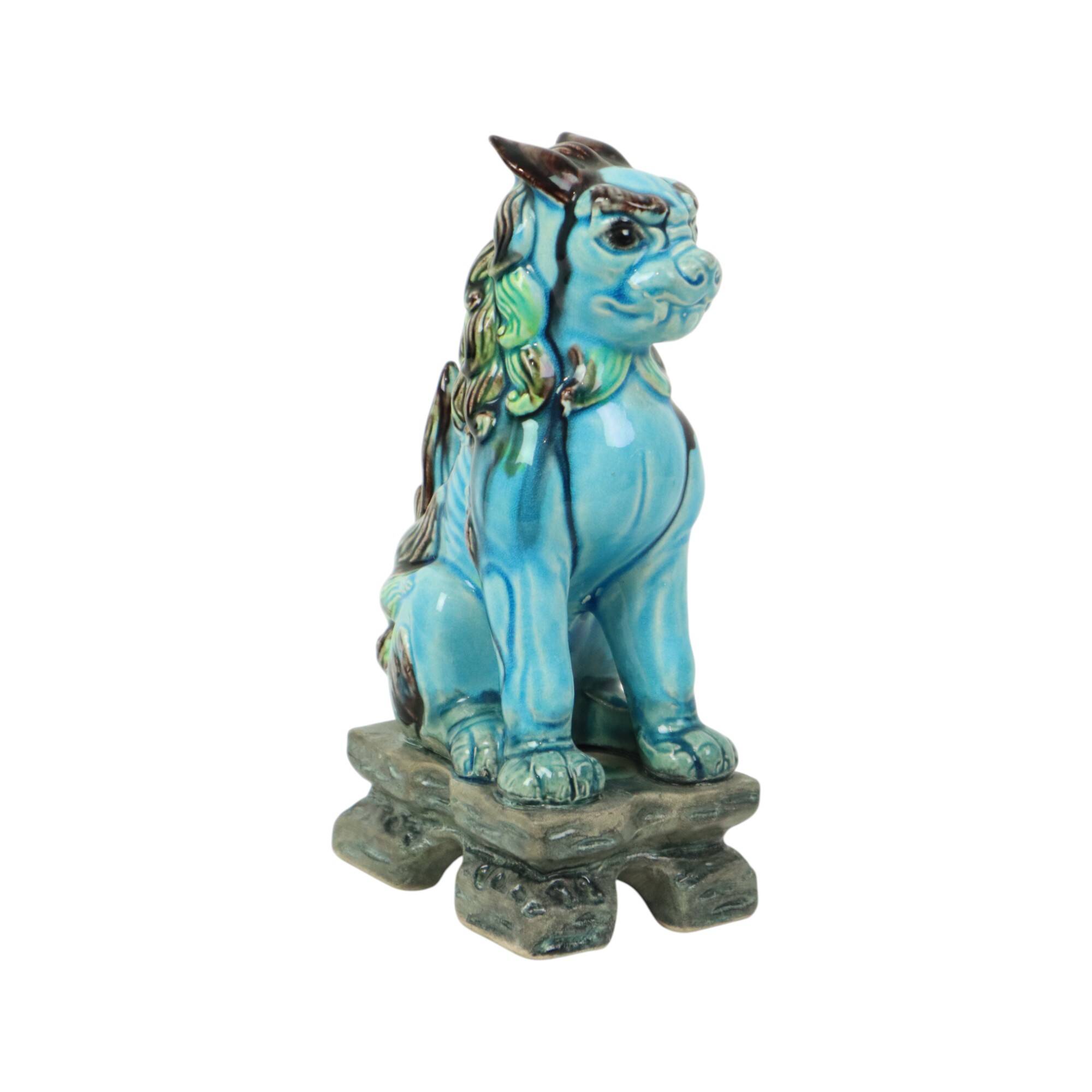Vintage Chinese Komainu Guardian Lion Foo Dog Blue 19cm