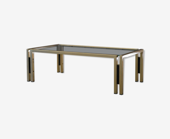 Coffee table design 70s, glass and gold metal