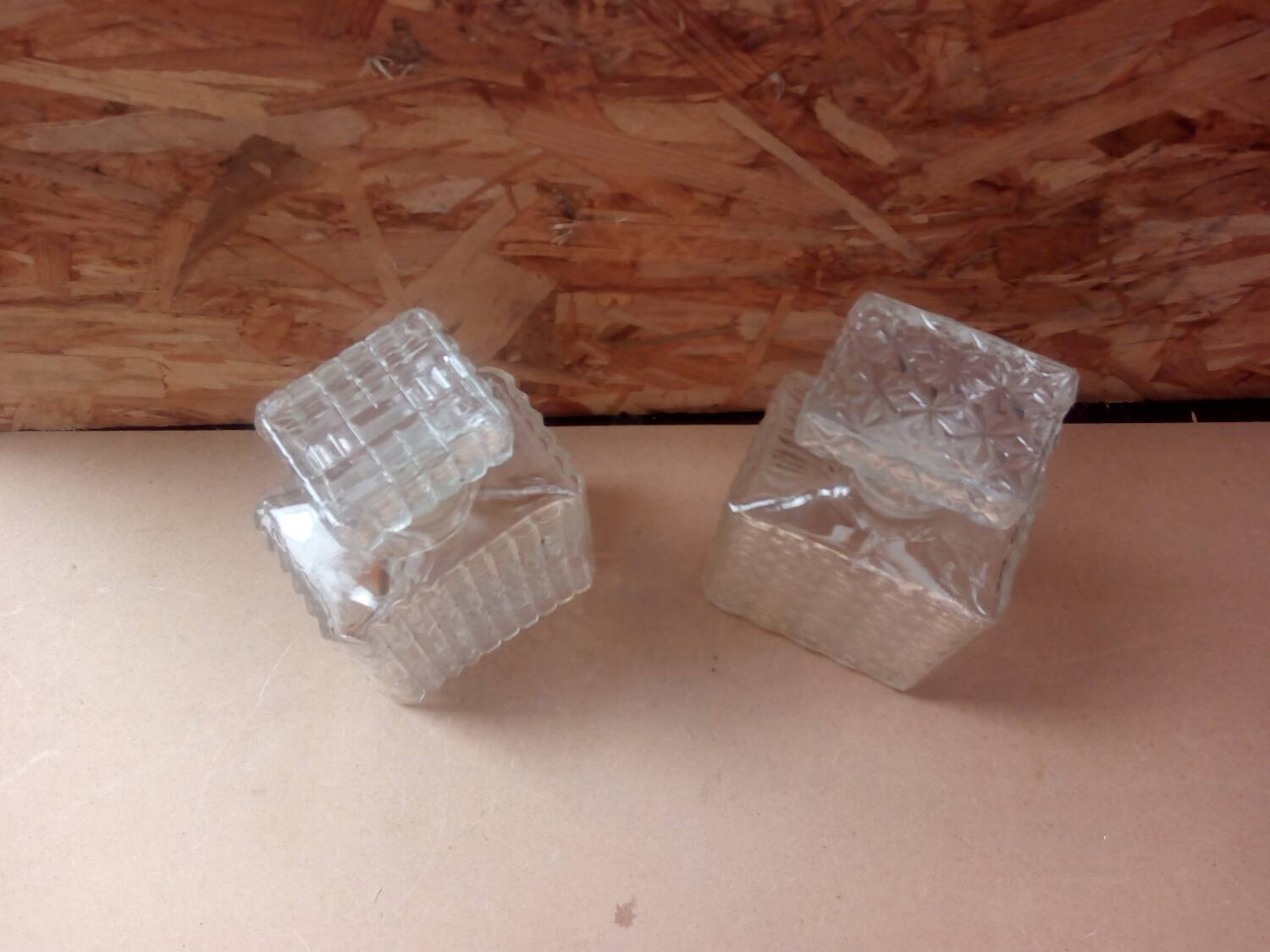 Pair of molded glass whiskey liqueur carafes + vintage stoppers