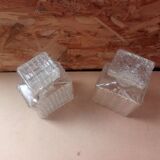 Pair of molded glass whiskey liqueur carafes + vintage stoppers
