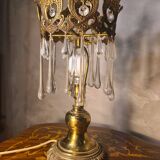 1960s lamp in bronze and brass with glass tear drop pendants, 38x18.