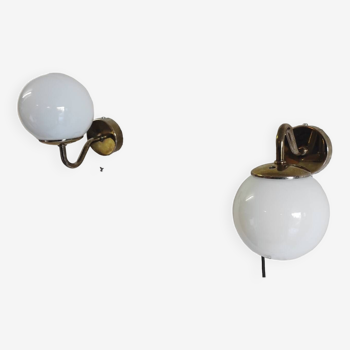 Opaline globe and gold metal wall lights - 1960s