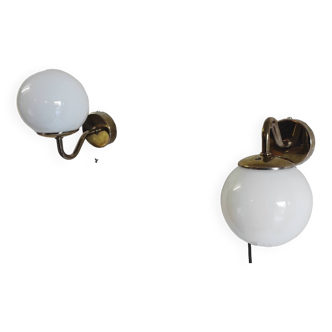 Opaline globe and gold metal wall lights - 1960s