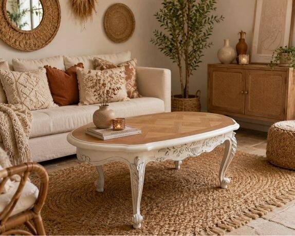 Wooden coffee table revamped in white and wood.