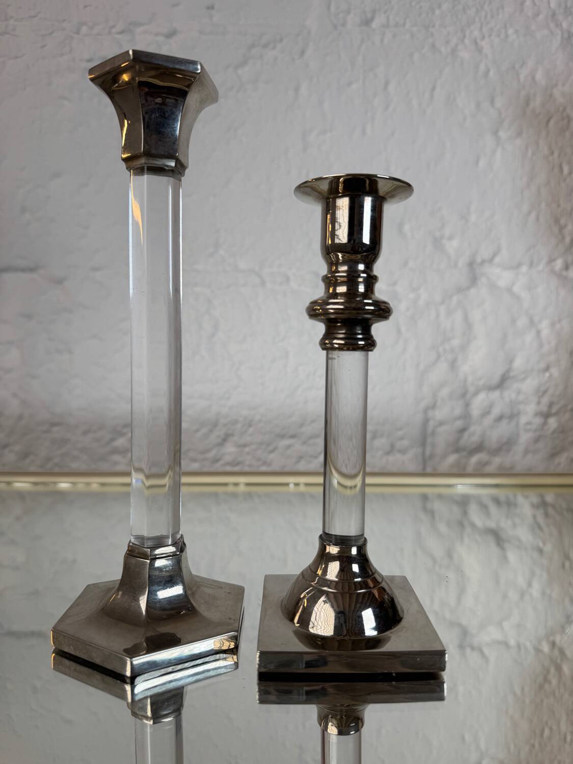 80s silver metal acrylic candle holders
