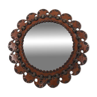 Vintage bohemian sun mirror with leather frame, 1960s design.