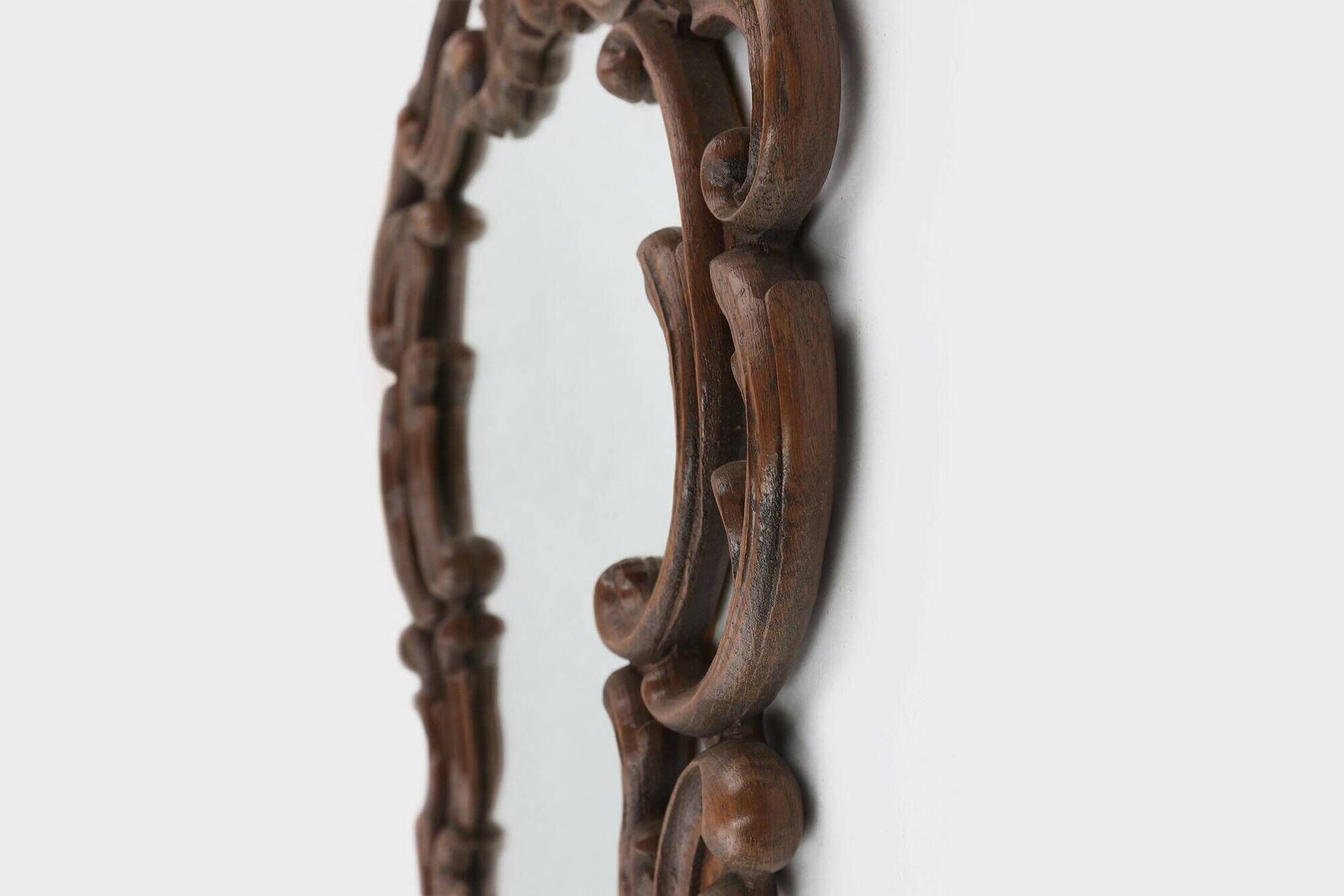 Baroque Mirror with Hand Carved Oak Ornated Frame, France 1950s