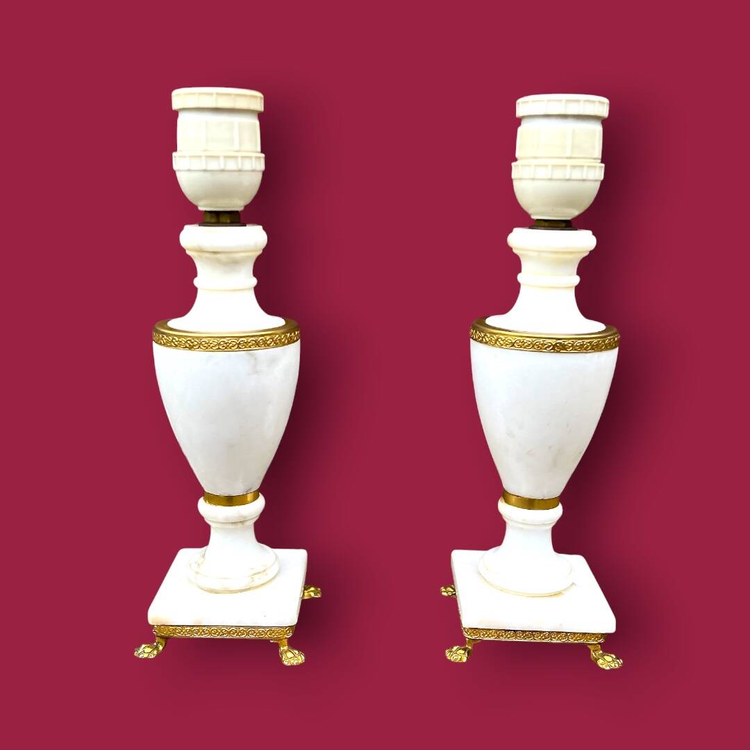 Pair of elegant antique lamp bases in alabaster and gilt brass
