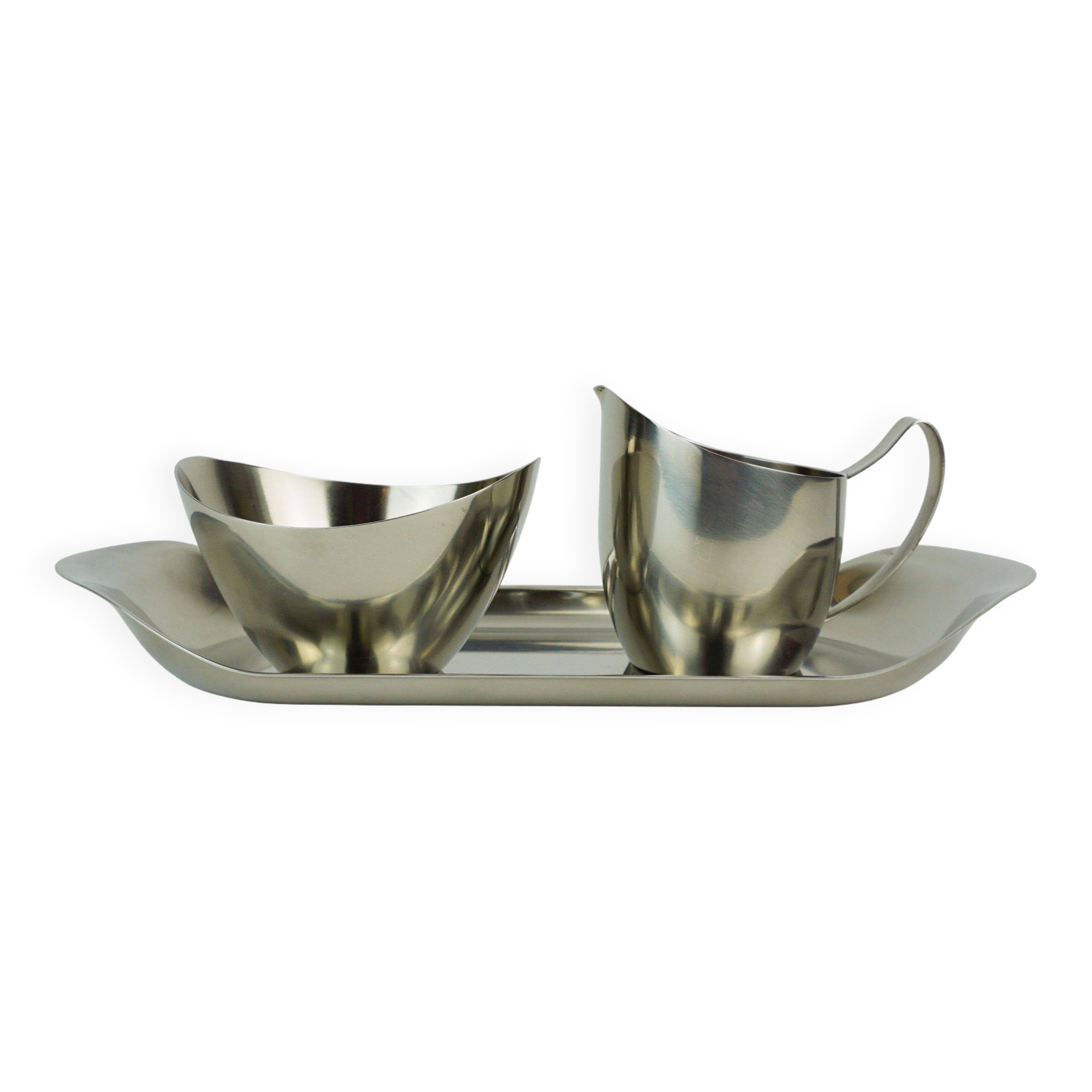 Danish 3-piece set sugar bowl creamer and tray stainless steel