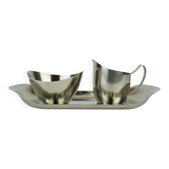 Danish 3-piece set sugar bowl creamer and tray stainless steel