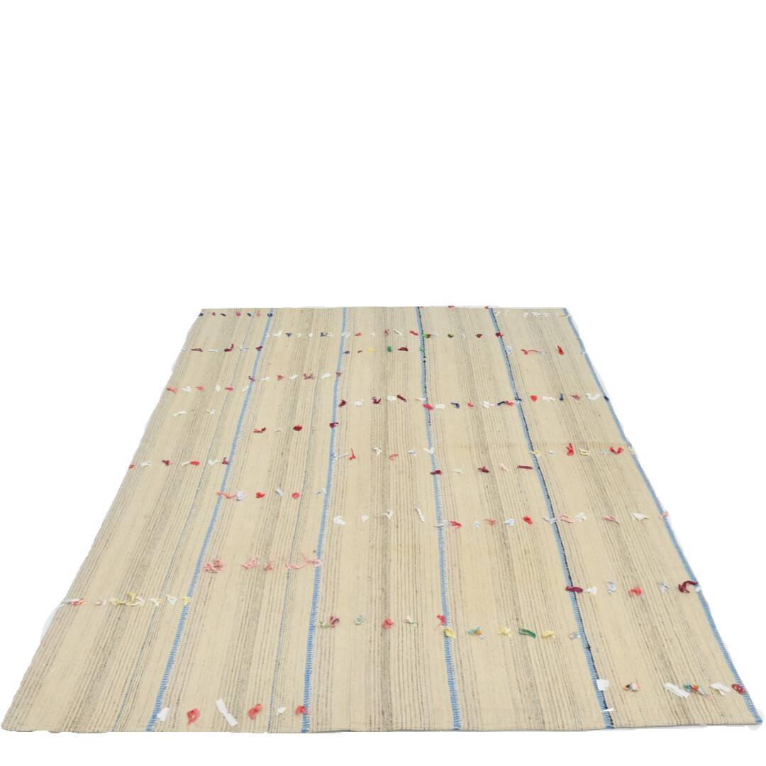 5x8 Turkish Mid Century Modern Cream & Brown Kilim Rug, 151x230Cm