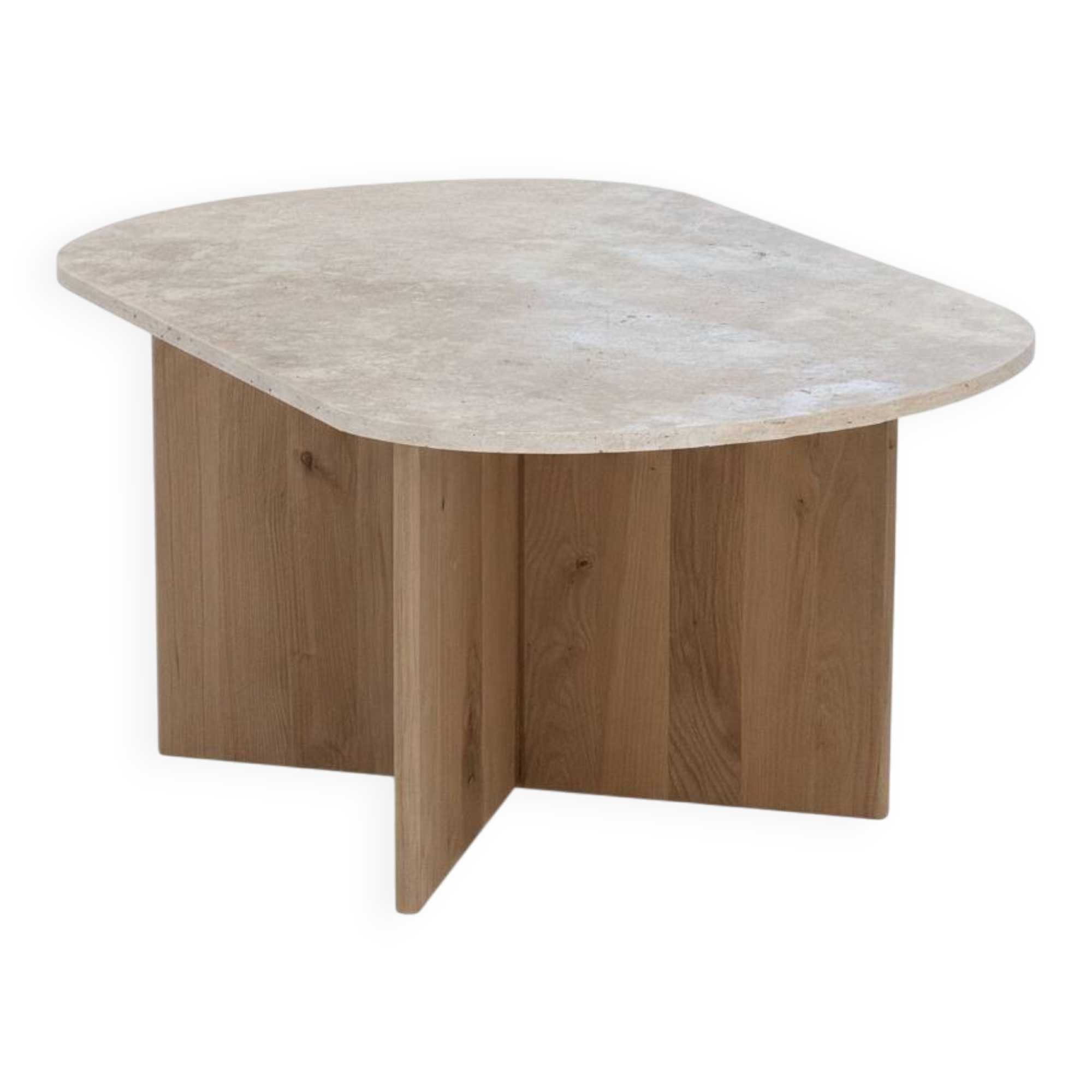 Oval coffee table in travertine and raw oak.