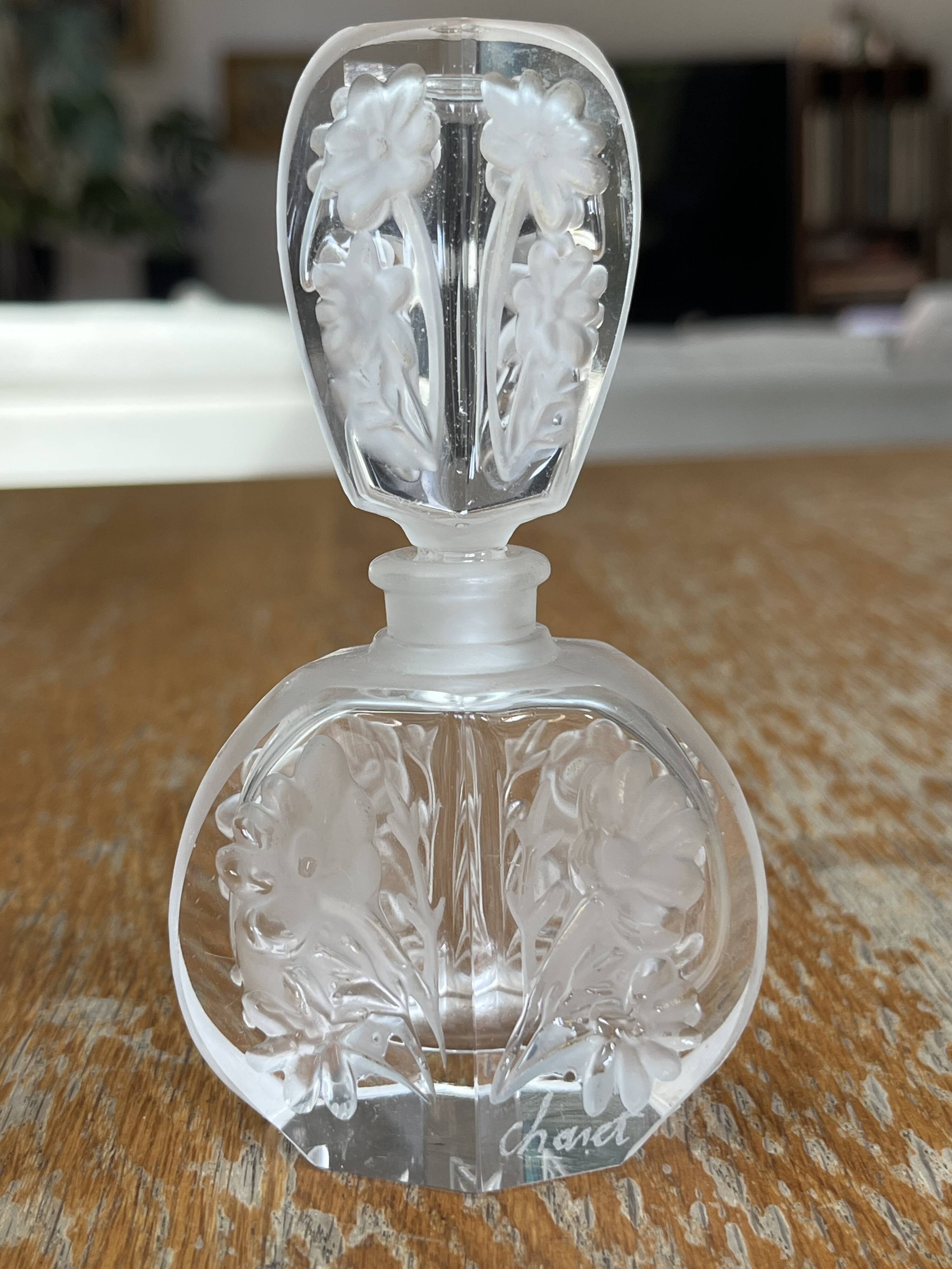 Pair of antique frosted crystal perfume bottles – Signed Charet
