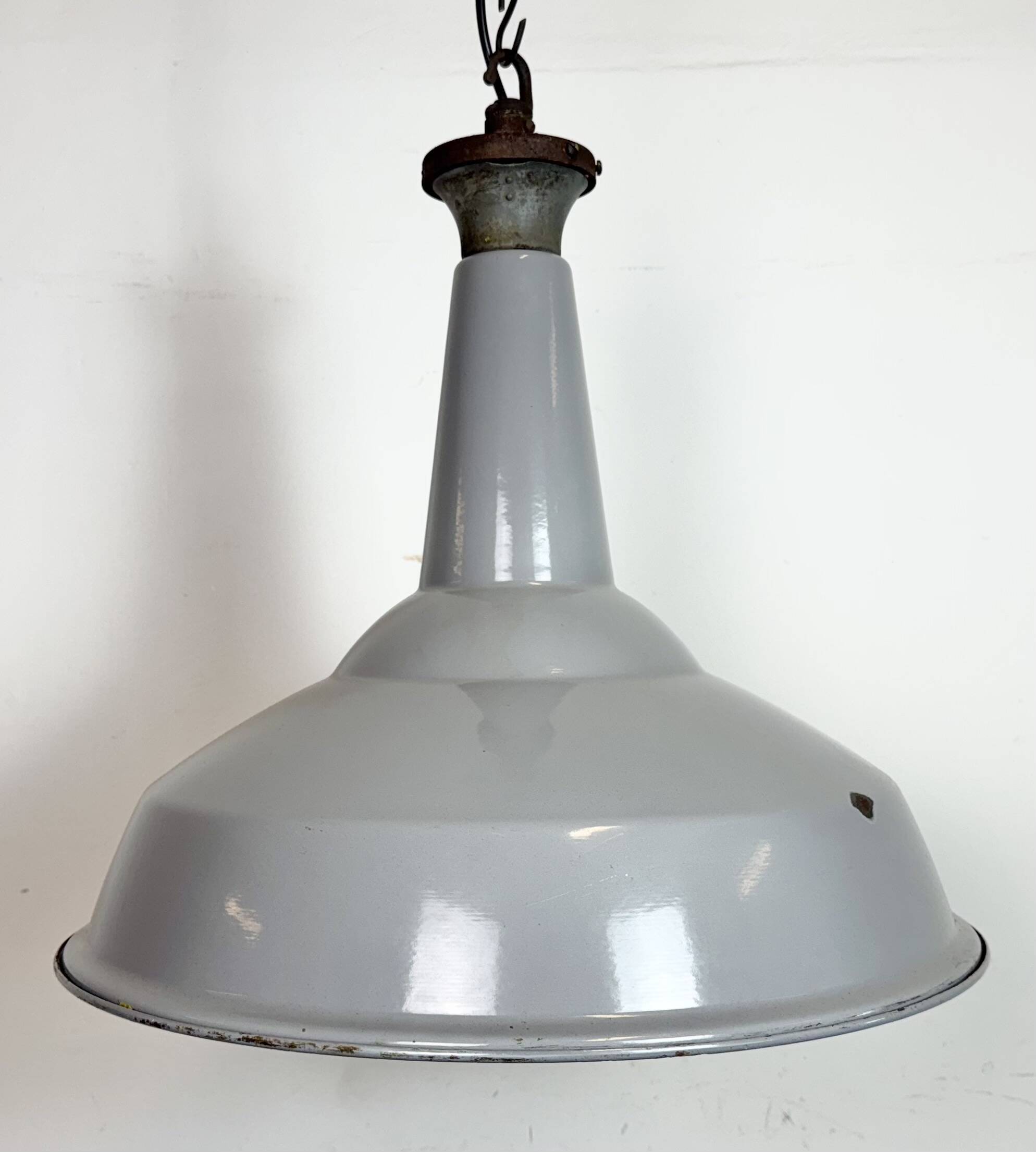 Large Industrial British Grey Enamel Factory Pendant Lamp from Benjamin, 19