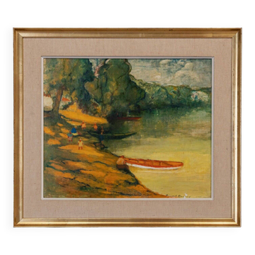 Oil on panel by bernard devanne nantes at the water's edge