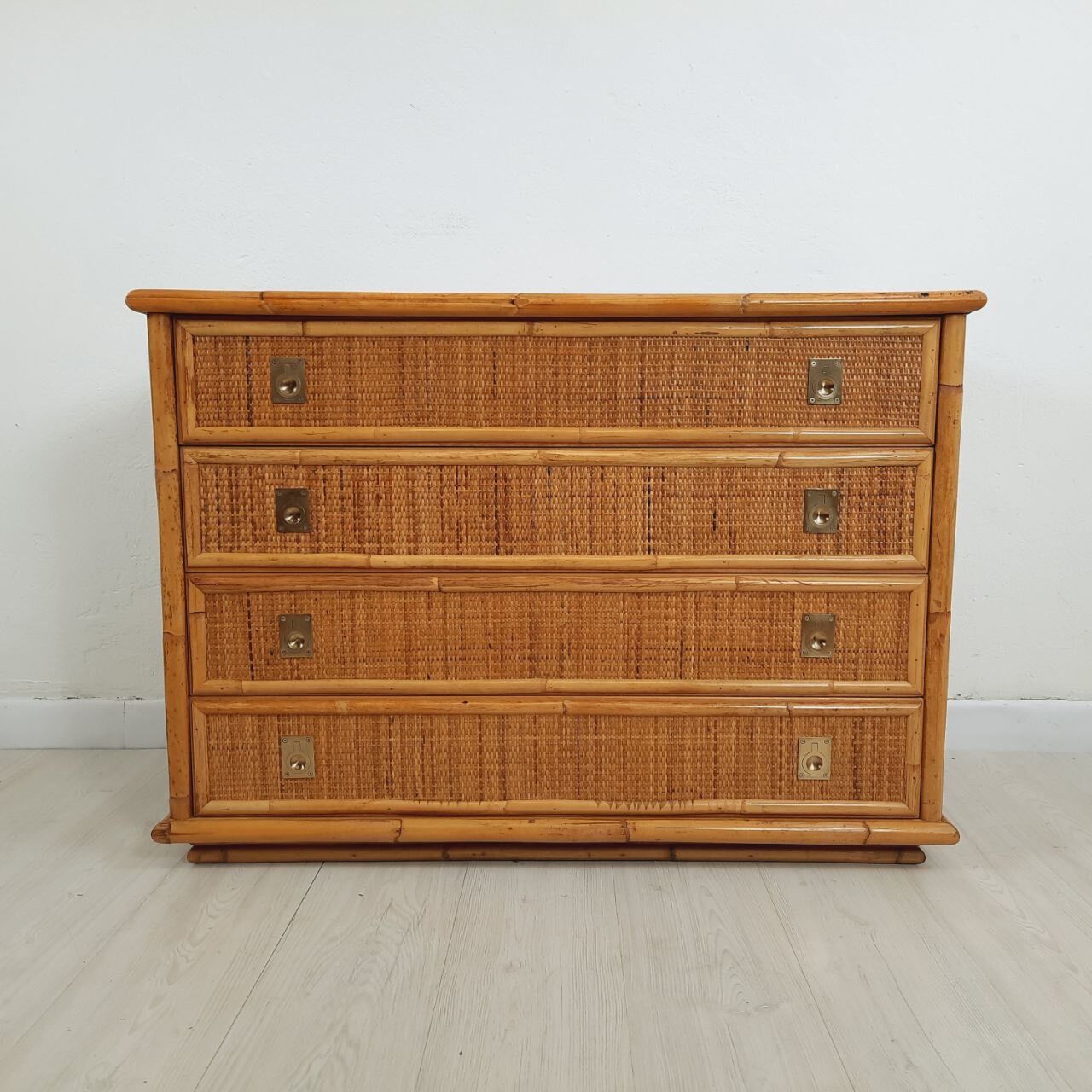 Chest of drawers, dresser, 1960s, Dal vera, bamboo and wicker, brass handles