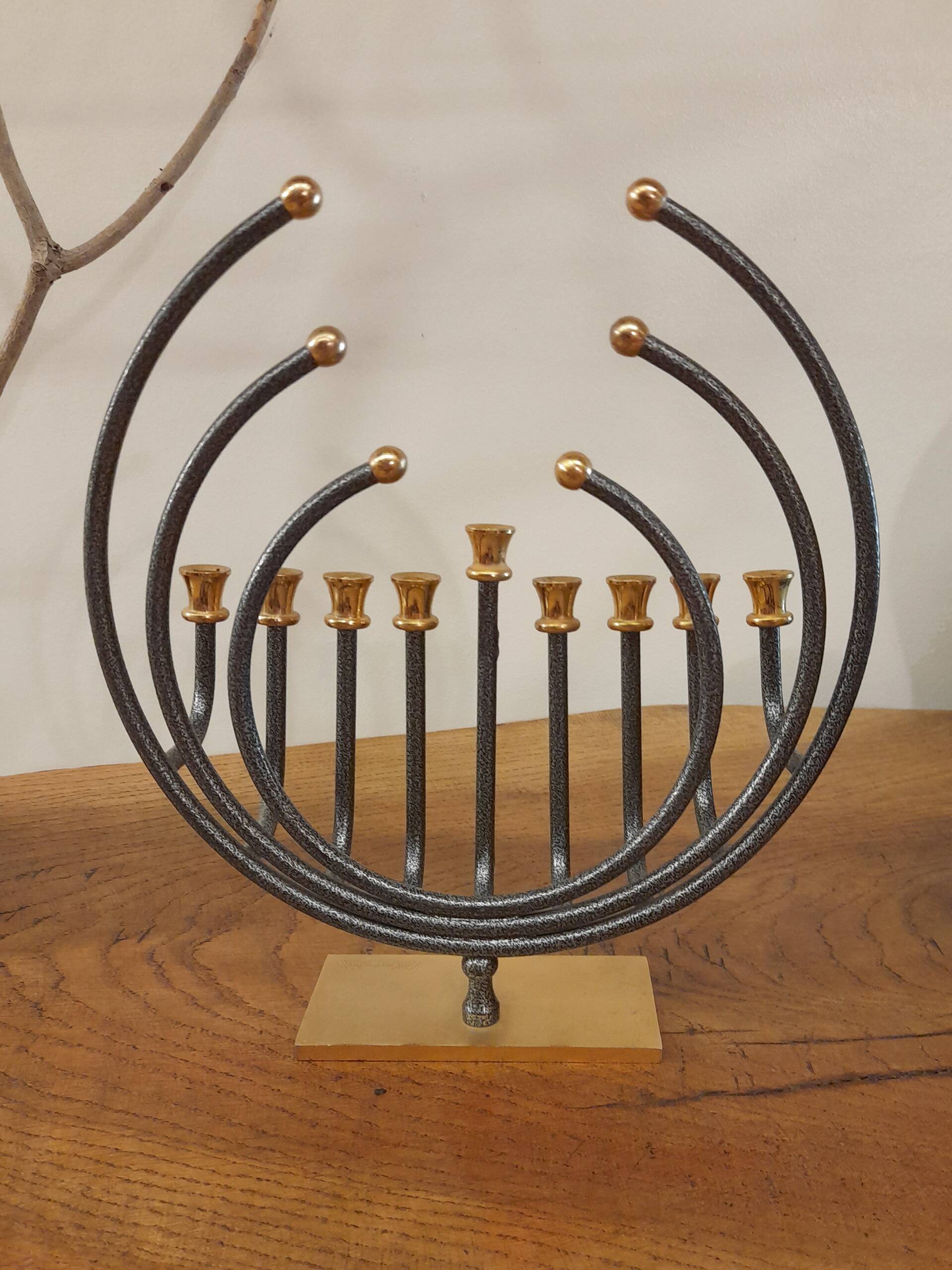 Menorah Hanoukia gold and silver plated, made in Israel by Karshi, 1970