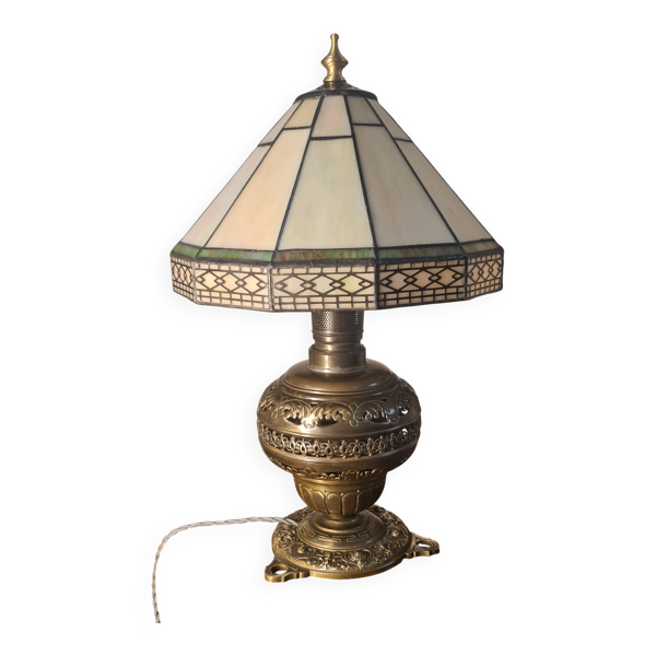 lampe laiton et bronze pied ancien 1900 avec abat jour pate de verre soudur