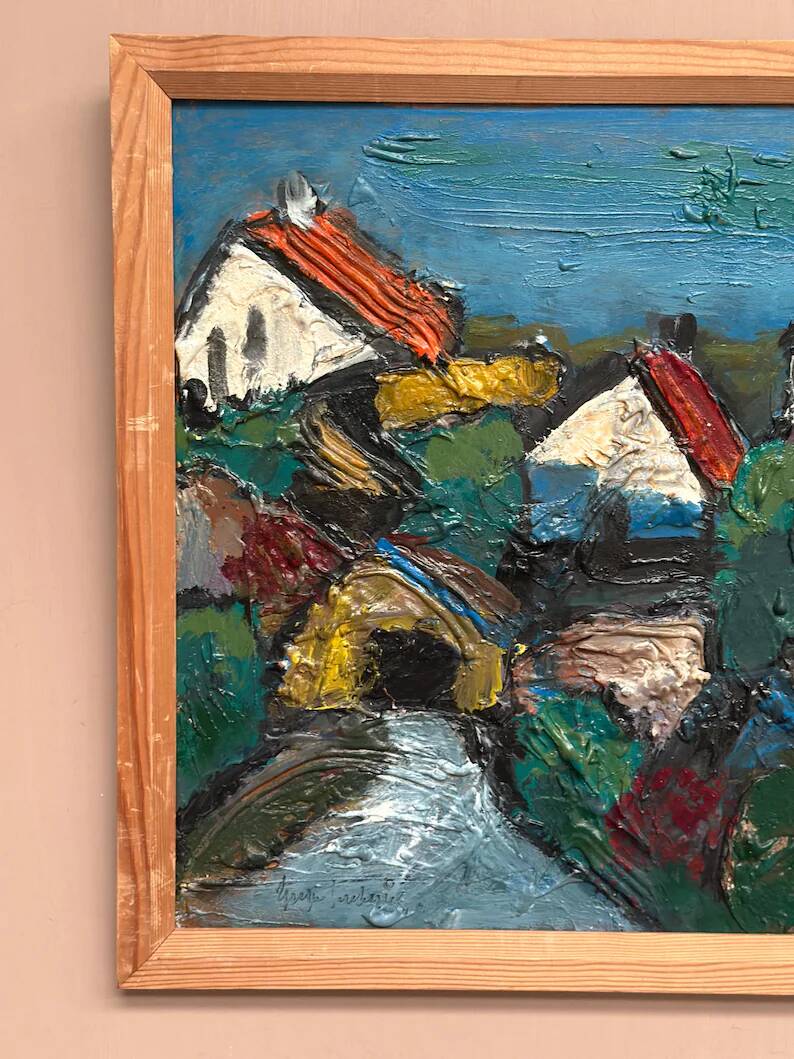 Original Swedish Oil on Panel – "Village Scene (Thick Impasto)" – Signed – Vintage and Framed