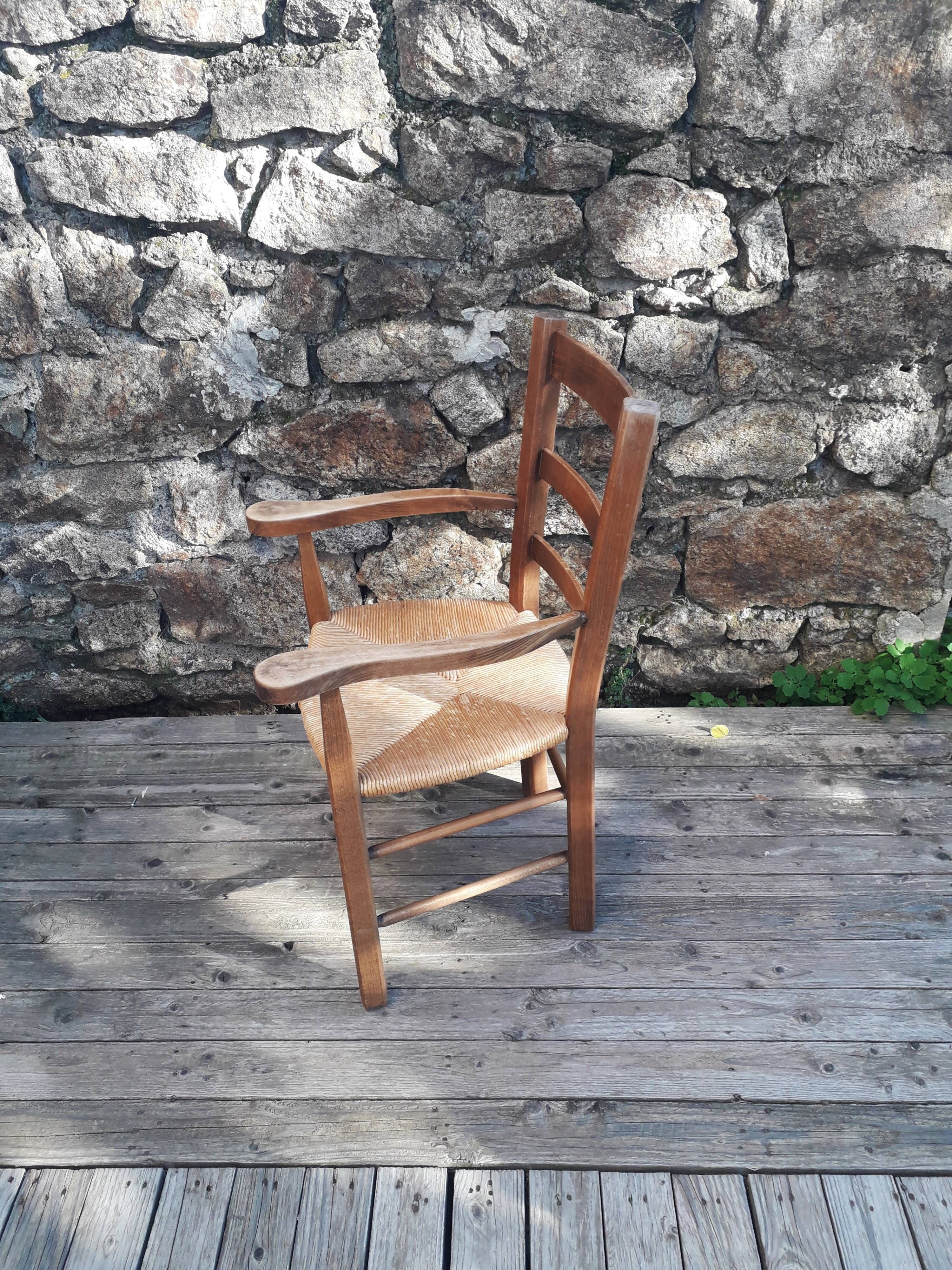 Chair with armrests / wooden armchair and straw seat - 1960s