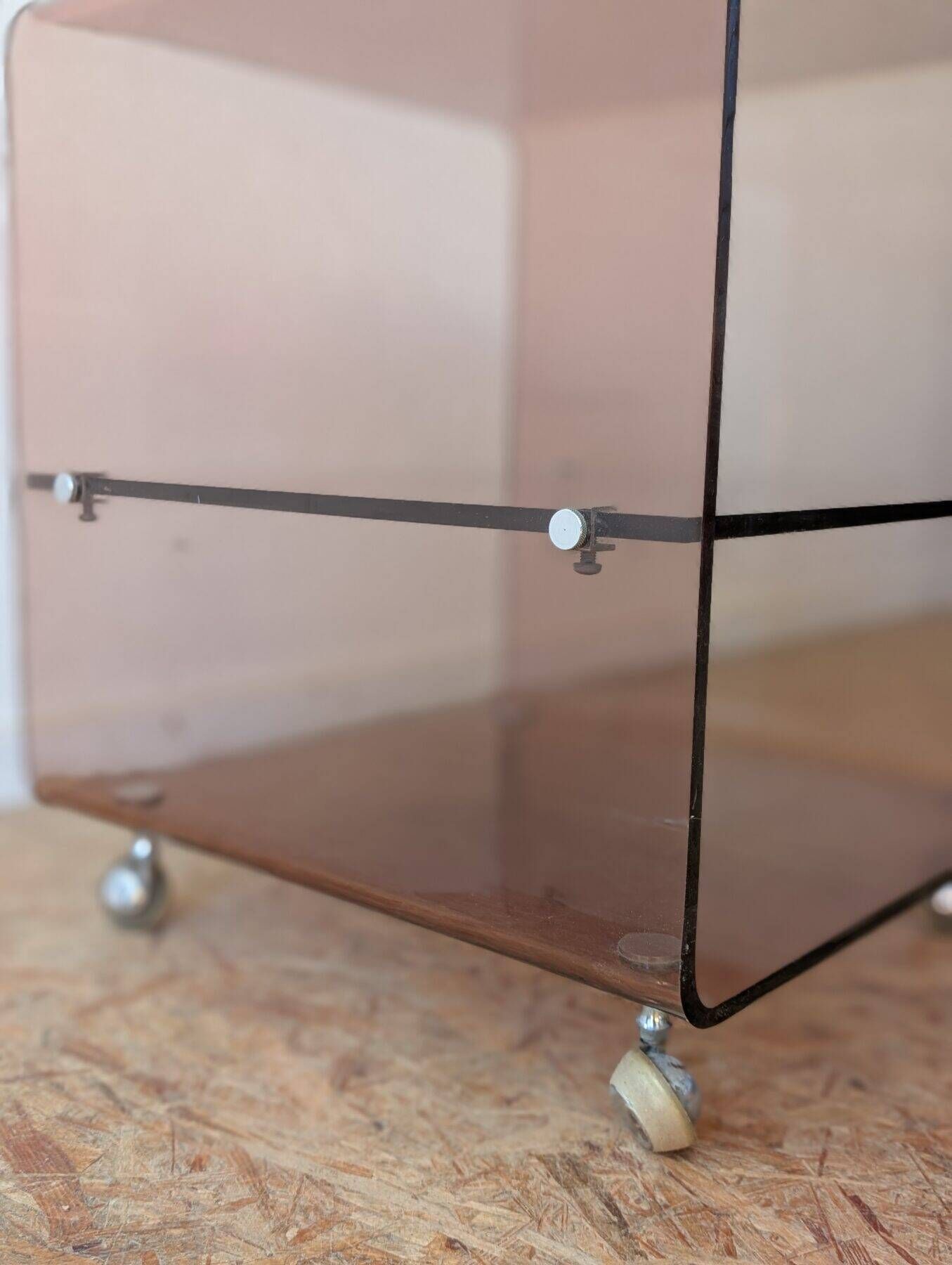 Pair of vintage smoked plexiglass bedside tables or accent furniture.