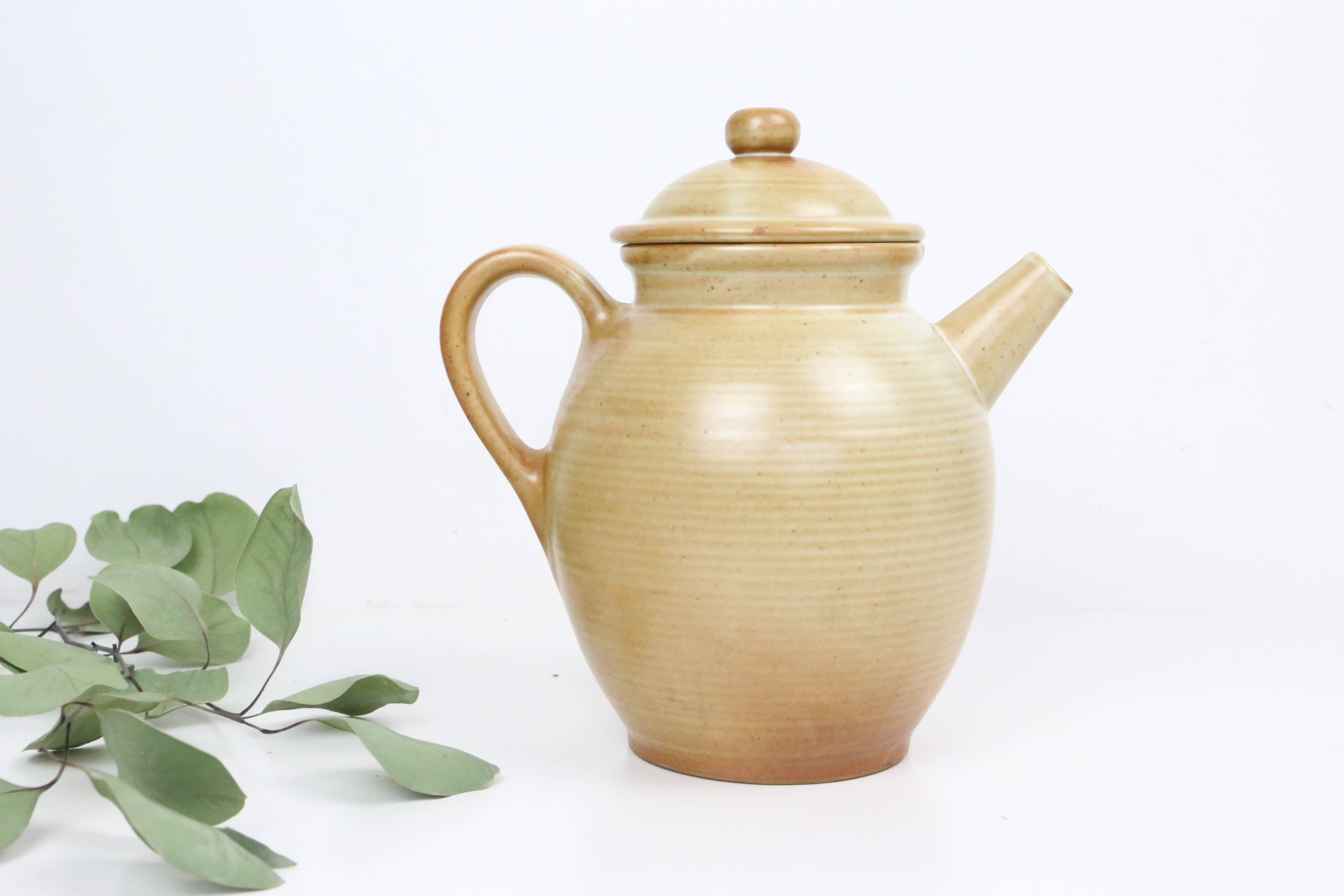 Vintage beige stoneware teapot, signed Grès Village