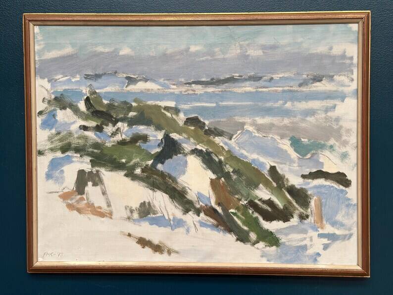 Original Swedish Oil on Canvas – "Winter Landscape" by FMK – Dated 1943 – Vintage and Framed – 78 × 60 cm (30.7" × 23.6")