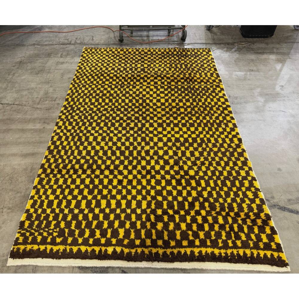 Hand-Knotted Checkered Tulu Rug. 100% Wool. Brown & Mustard Yellow Carpet. Custom Options Available