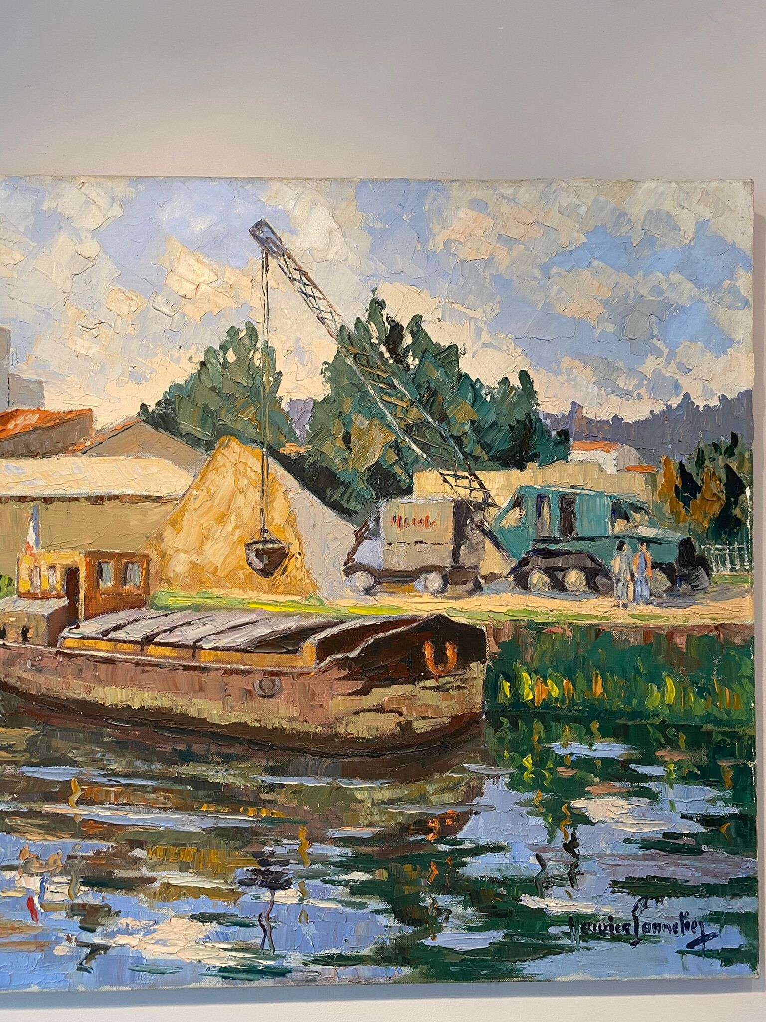 Tableau ancien, péniche à quai, signé Maurice Pannetier, années 70/80