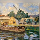 Old painting, barge at the dock, signed Maurice Pannetier, 70s/80s