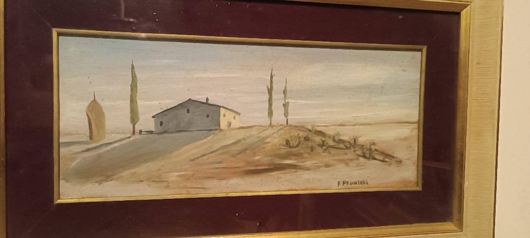 Oil painting on panel, Tuscan countryside landscape, signed