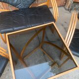 Mid-century leather sofa, 2 fotels, and table in sett