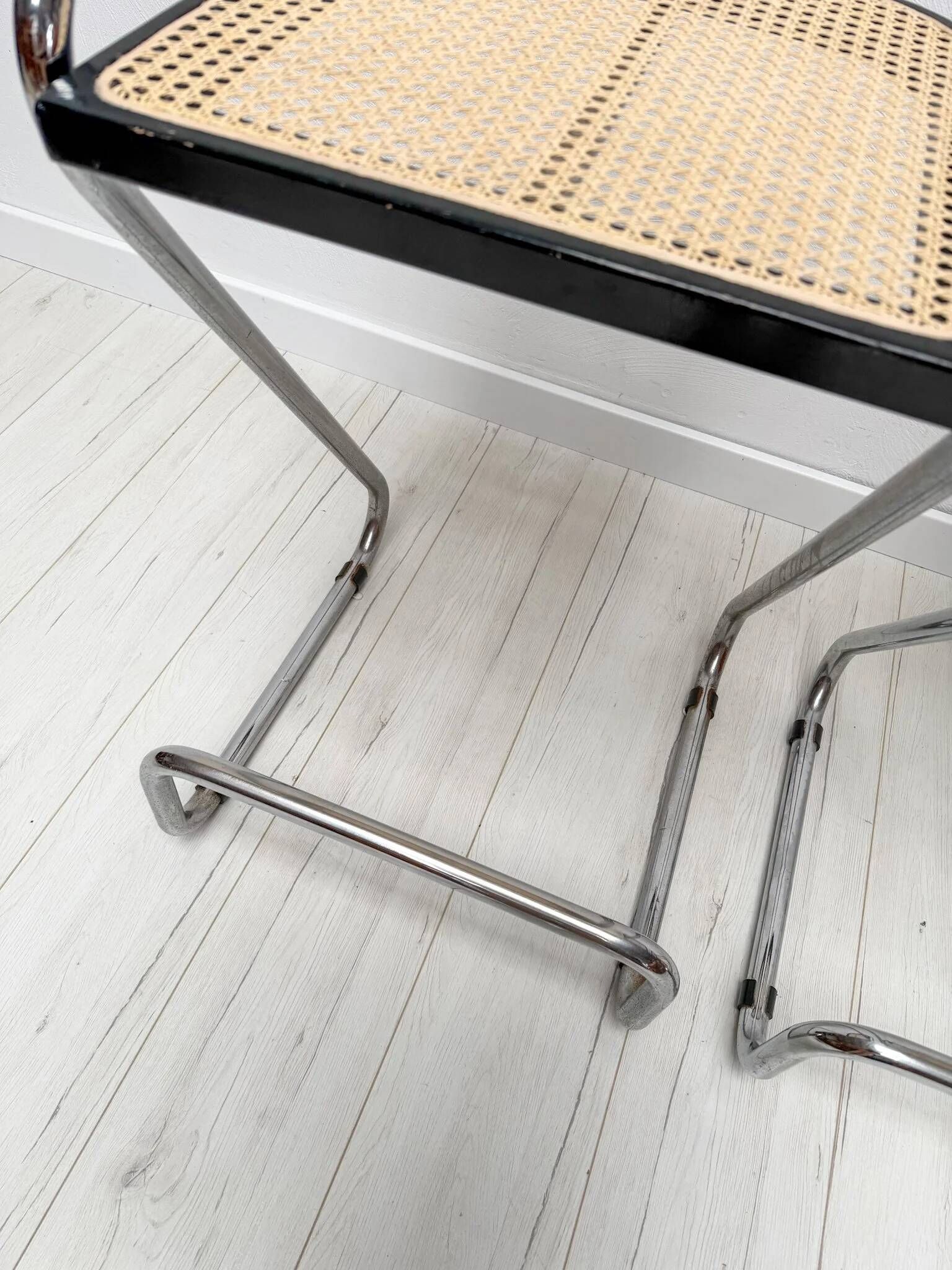 1970s set of 3 vintage Italian wicker & chrome barstools