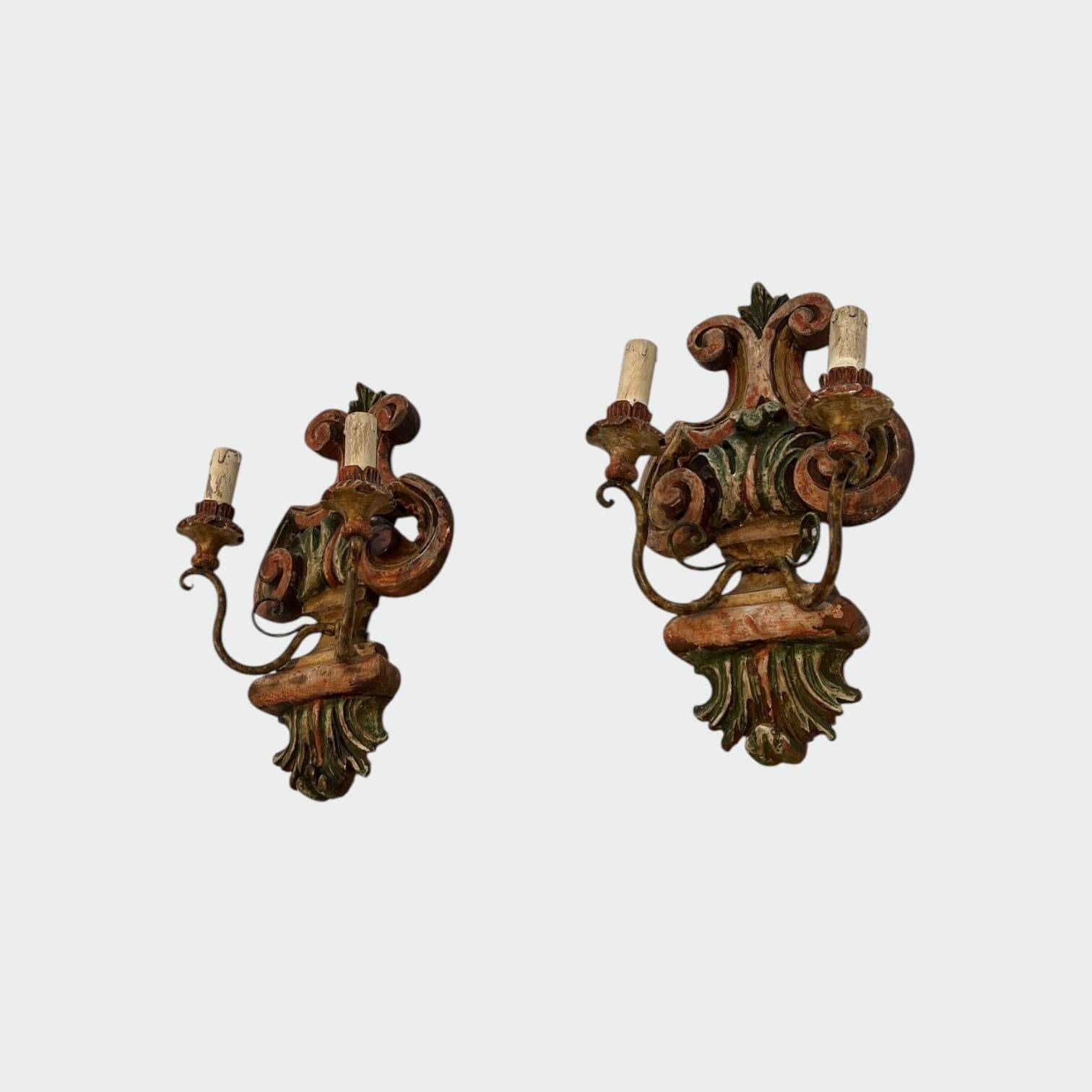 Pair of Polychrome Carved Wood Wall Lights with Vase and Acanthus. Arm in Iron.