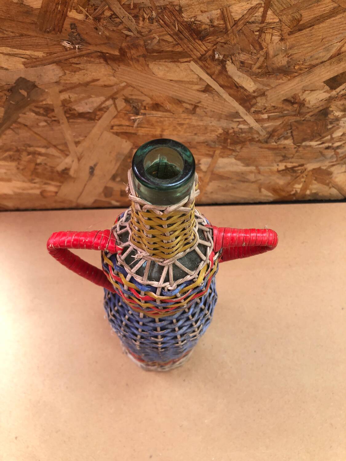 Old Lady Jeanne Bottle Glass + Rattan Woven Wicker Painted Vintage