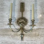 Pair of Two-Arm Bronze Wall Lights with Arrow and Mask Decoration