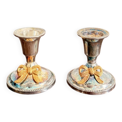 Ancien Paire de Bougeoir Métal Argenté Nœud Doré Louis XVI