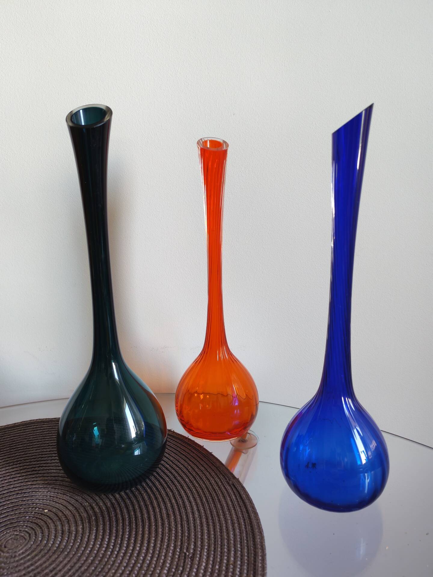 Set of 3 Scandinavian and Polish glass bottle vases from the 1970s.