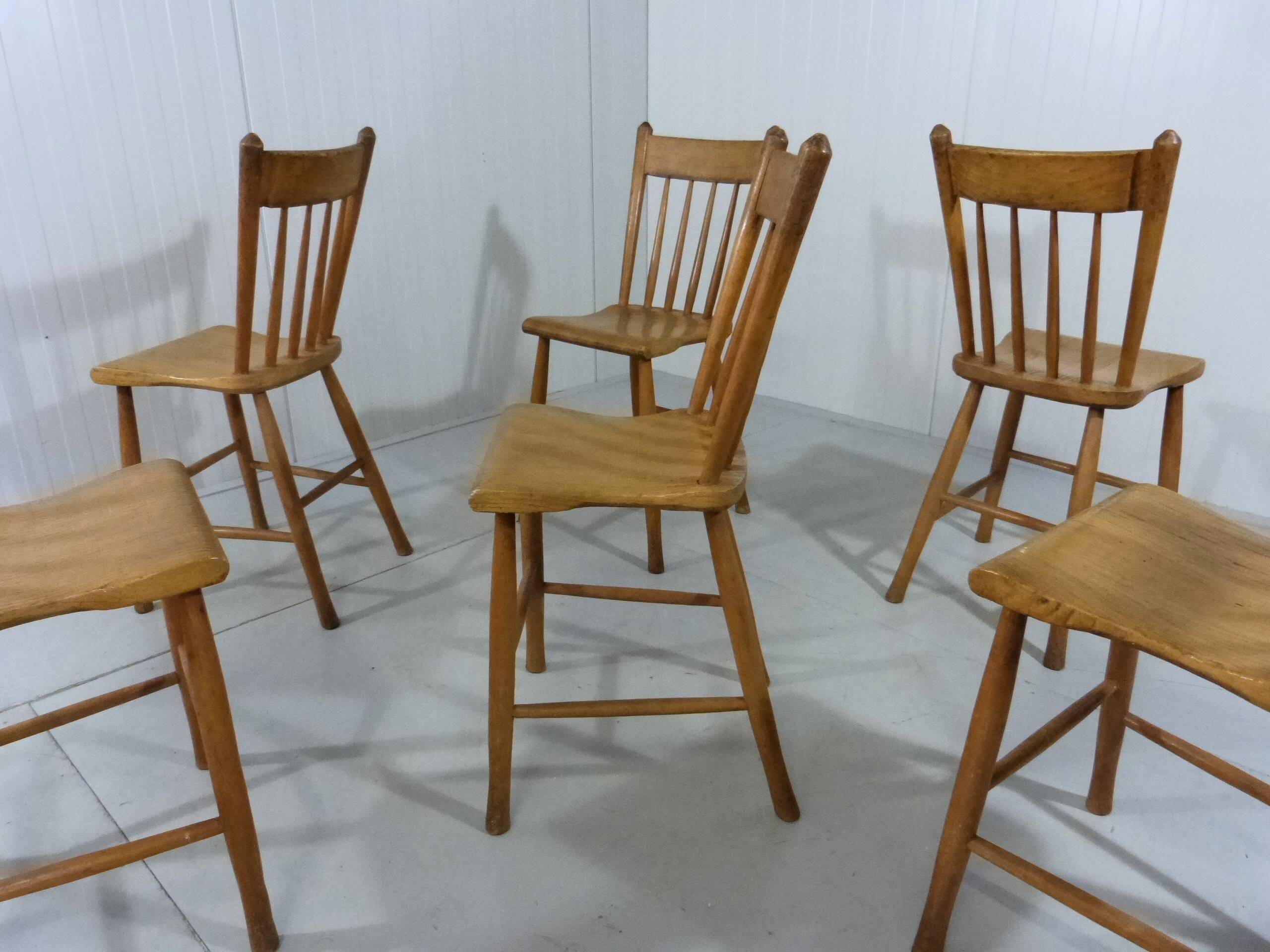 Set of 6 Antique Rustic Wooden Dining Chairs 1900