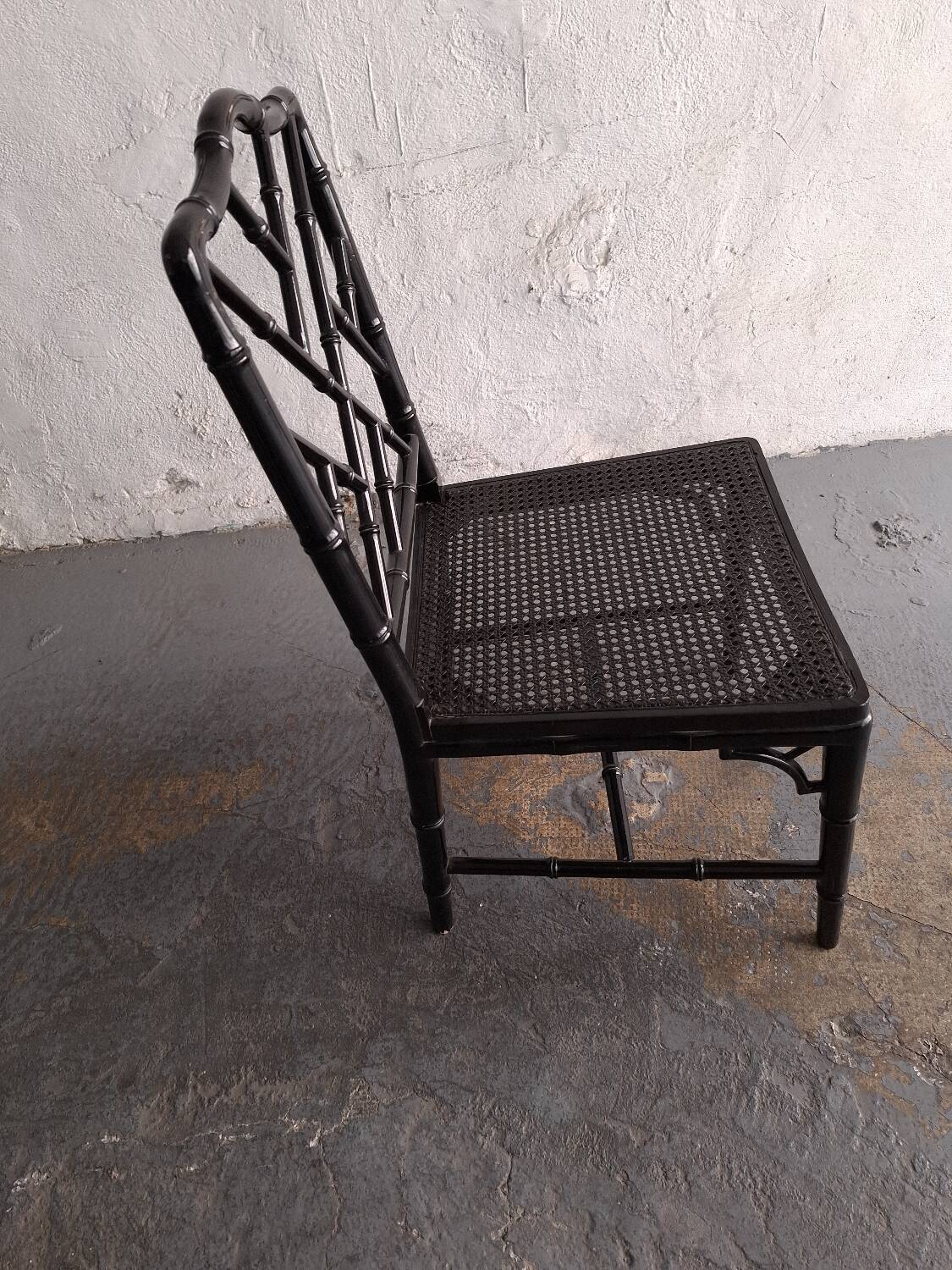 Black lacquered chair, faux bamboo, Chippendale, Jonathan Adler