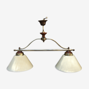 Great hanging double conical glass, brass and wood