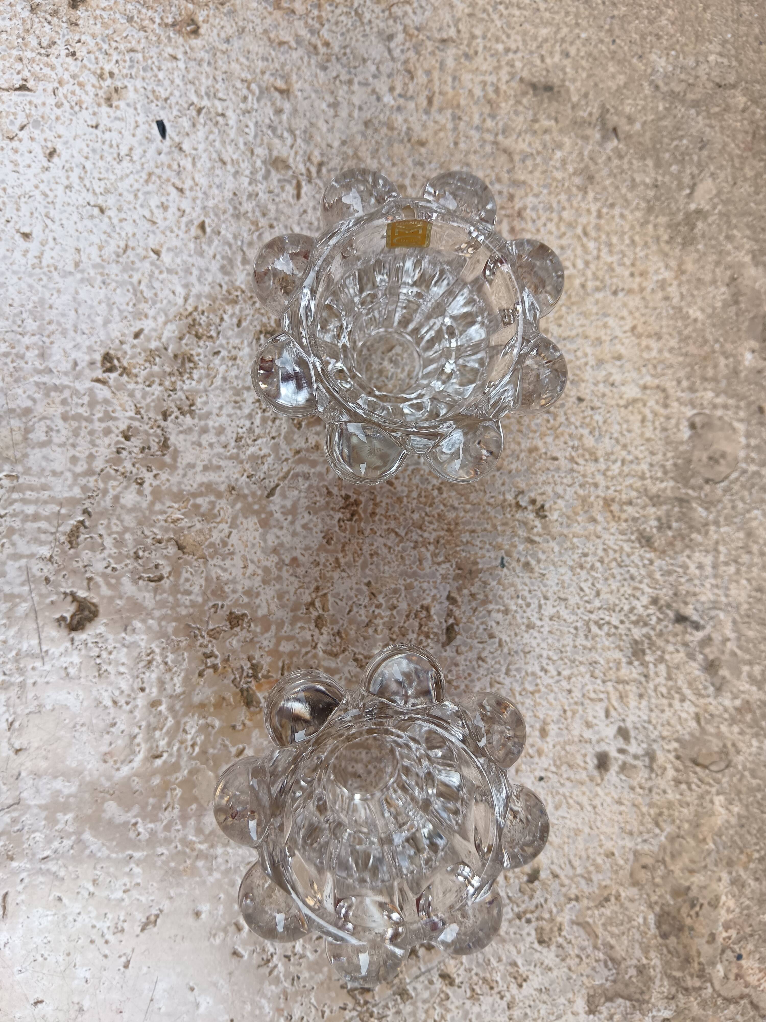 Pair of glass and crystal candlesticks in "bubble" style.