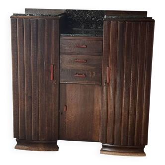 Art Deco oak sideboard with green marble top – 1930s